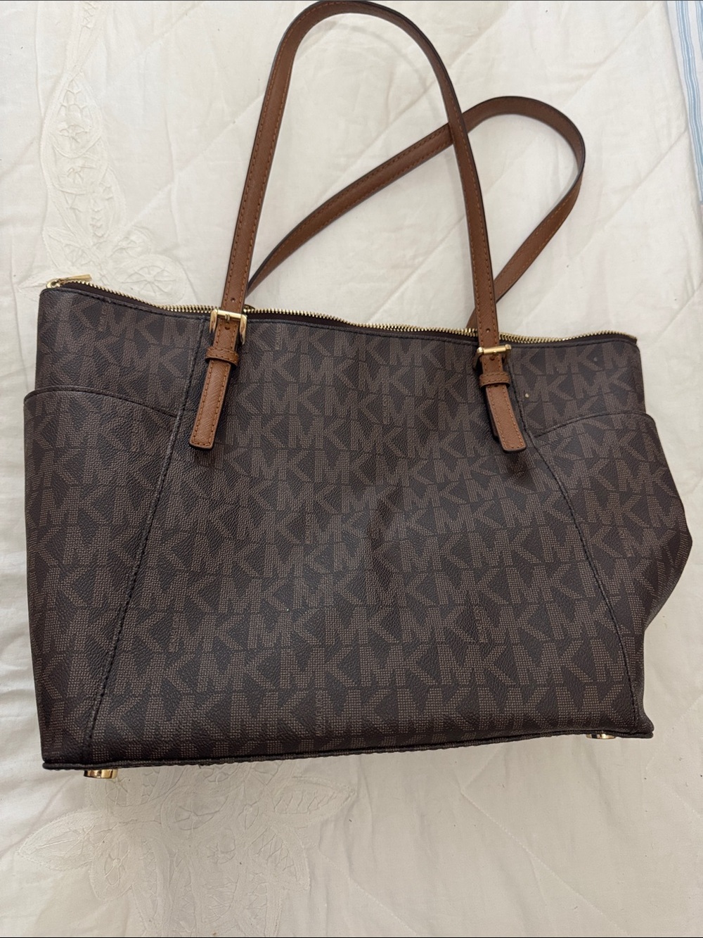 Michael Kors Dark Brown Logo Tote with Gold MK Charm - Picture 3 of 5